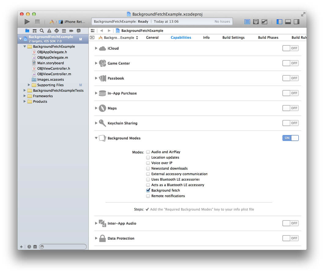 A screenshot showing Xcode 5’s new Capabilities tab