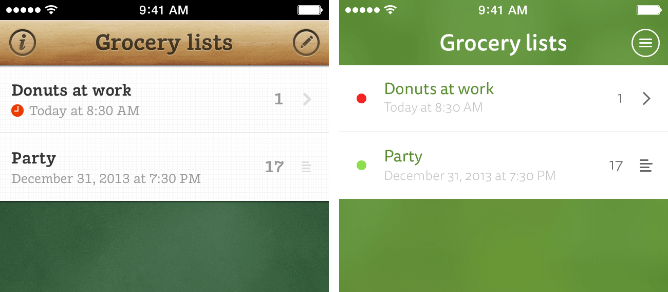 Comparison of the Grocery List and Grocery List 2 interface